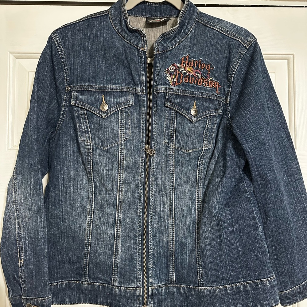 Harley-Davidson Blue and White Jean Jacket with Embroidered Accents